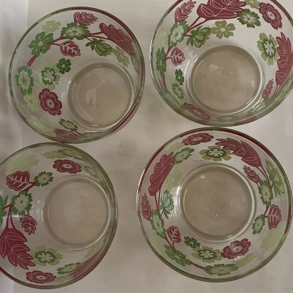 Ikea Ideell 14oz Glass Dessert Bowls Lot of 4 Pink Green Floral France Retired
